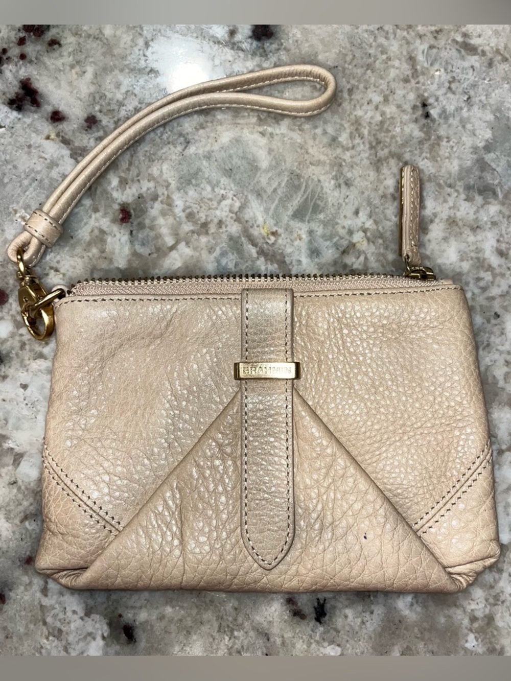 Preloved Brahmin Cream Soft Pebbled Leather Wristlet Clutch with Gold Hardware
